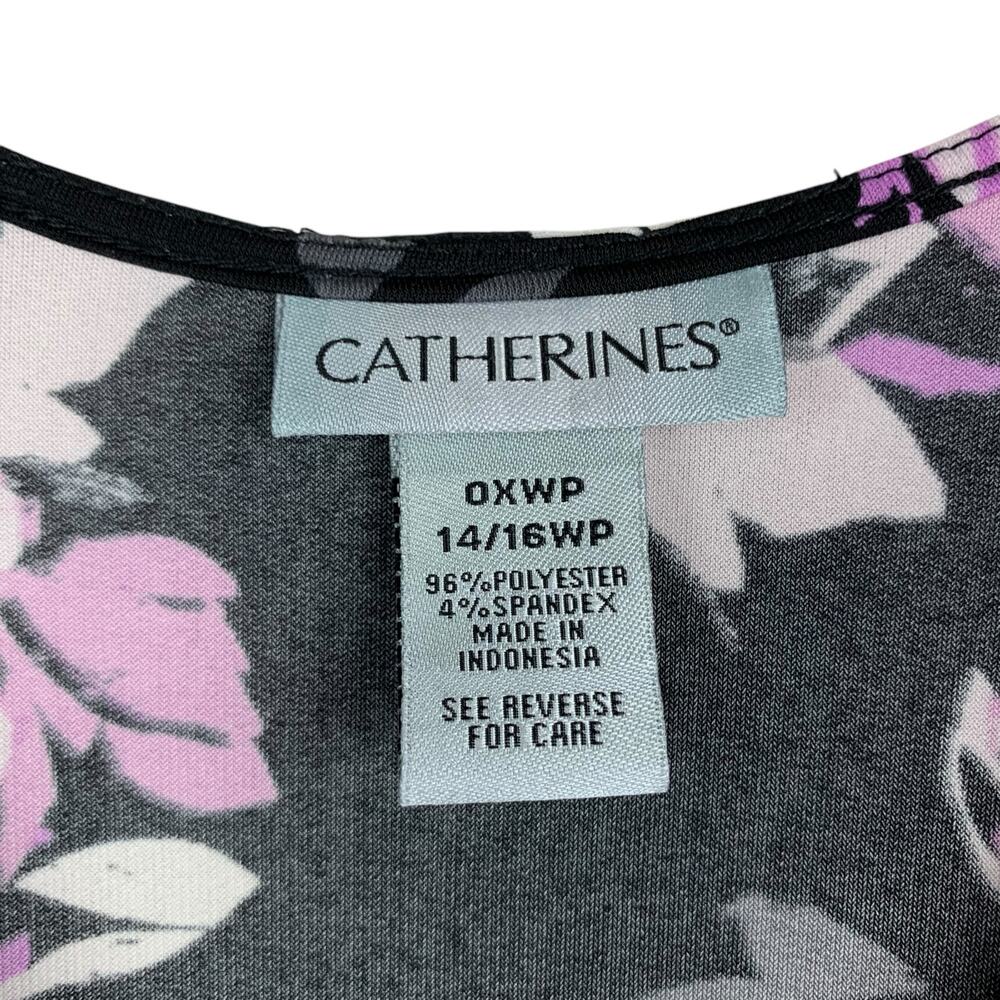 Catherines Faux Wrap Dress Maxi Black Purple Dark Floral Stretchy Womens 14 16WP - Picture 4 of 8
